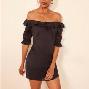Reformation Black Linen Mini Dress with Ruffle
